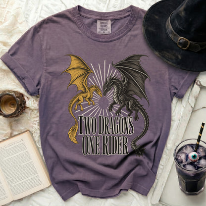 Purple t-shirt with "Two Dragons One Rider" text and dragon graphic.