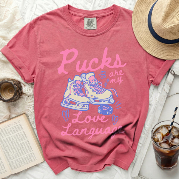 Pucks Are My Love Language Tee in Crunchberry