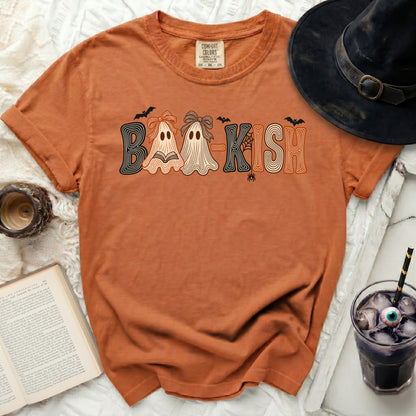 Orange t-shirt with "BAA-KISH" text featuring ghosts and bats