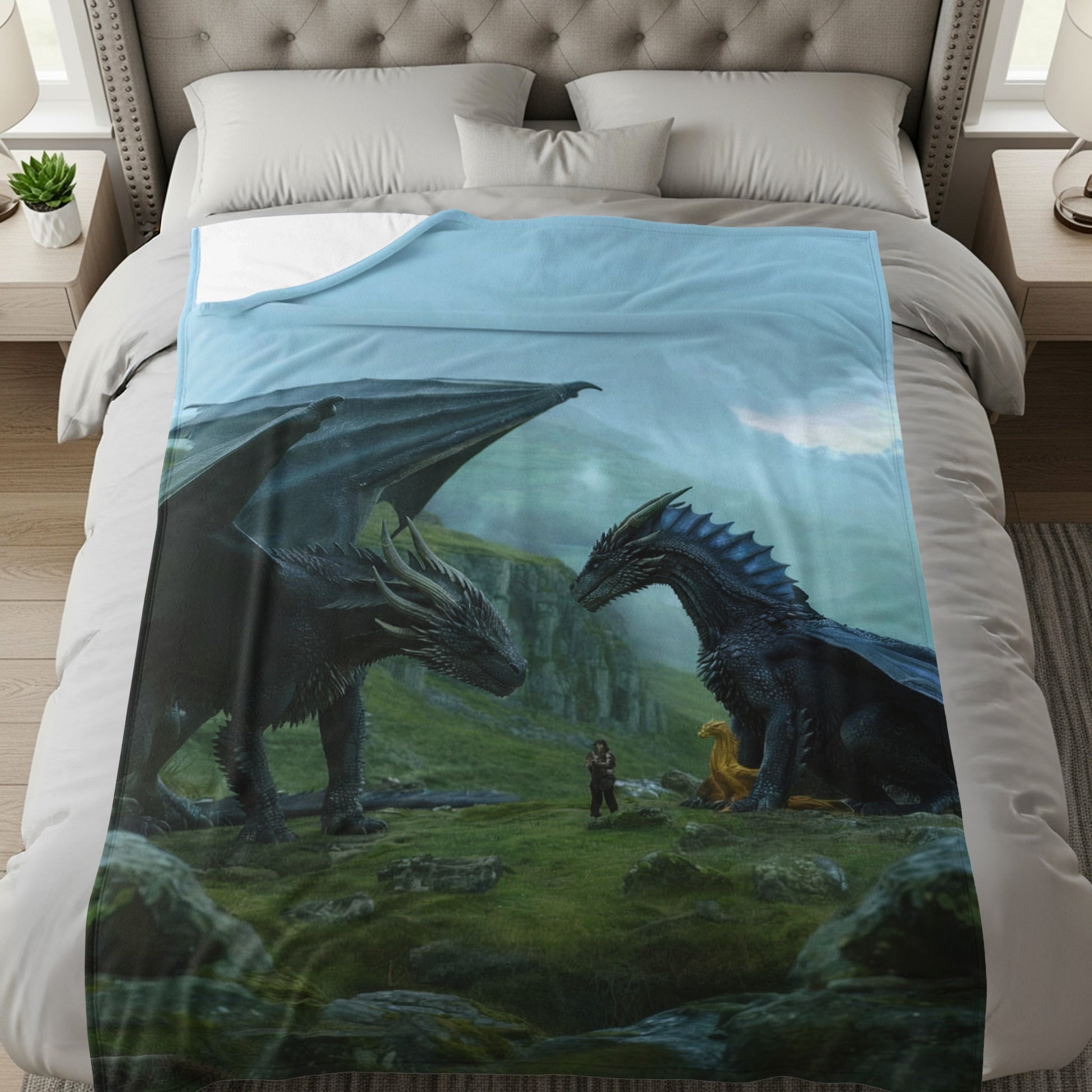 Two Dragons and Person on Green Field Blanket