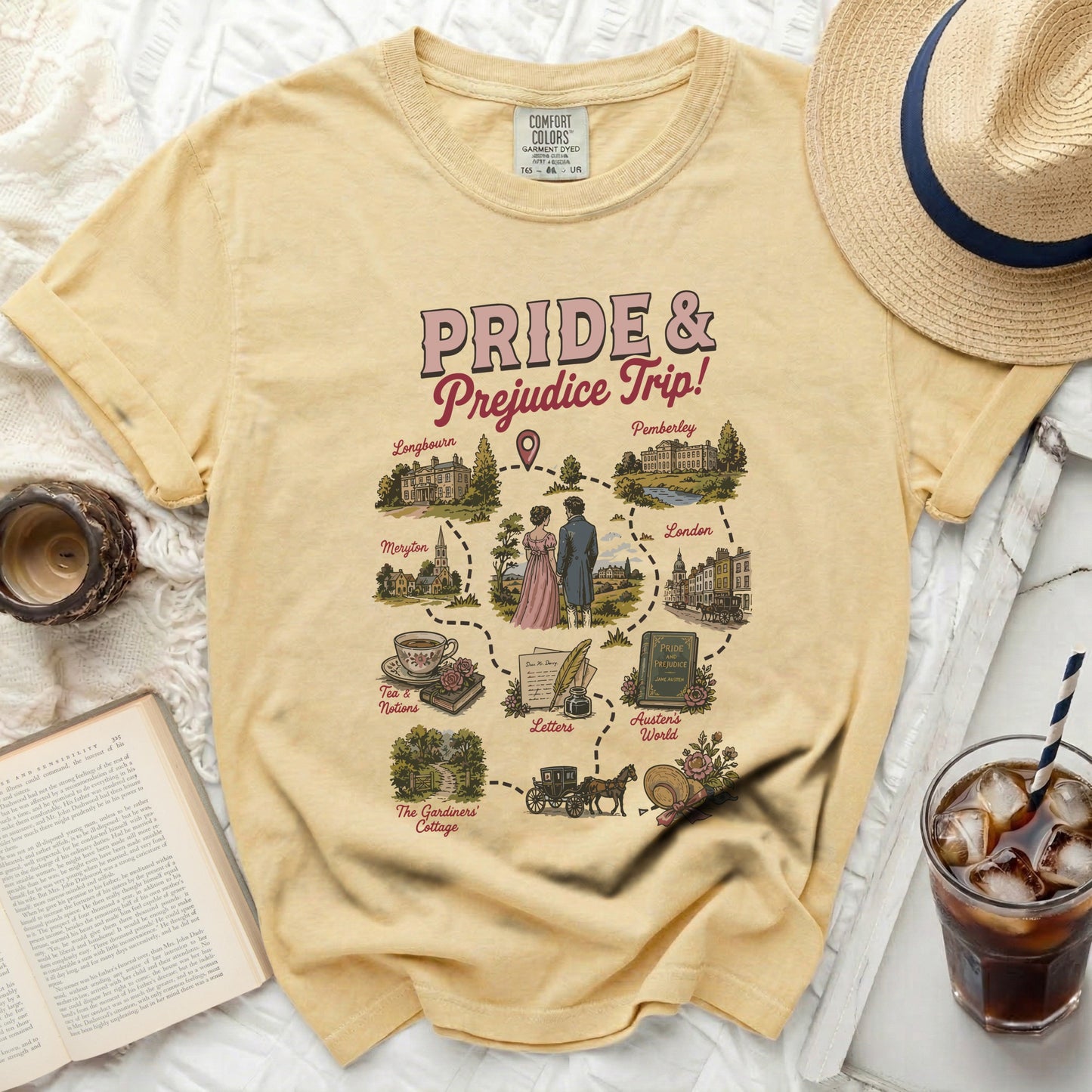 Yellow t-shirt with "Pride & Prejudice Trip!" map featuring locations and quotes.