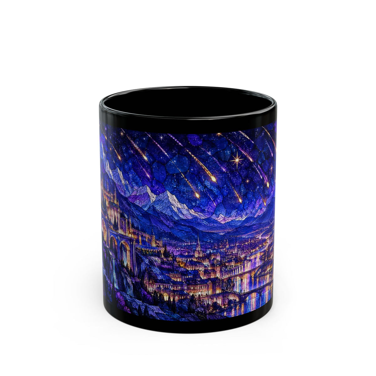 A black ceramic mug featuring a stained-glass style fantasy city beneath a starry, meteor-streaked night sky.