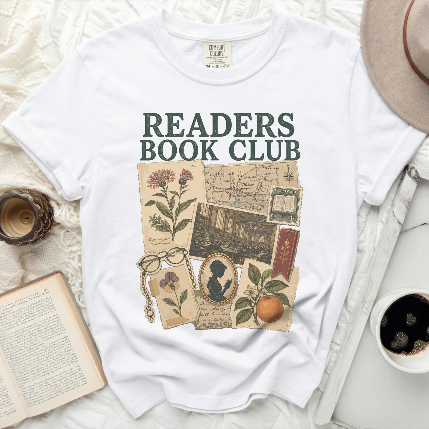 White t-shirt with "READERS BOOK CLUB" and vintage illustrations.