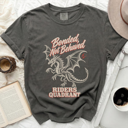 Dark gray t-shirt with a dragon graphic and "Bonded, Not Behaved Riders Quadrant" text.
