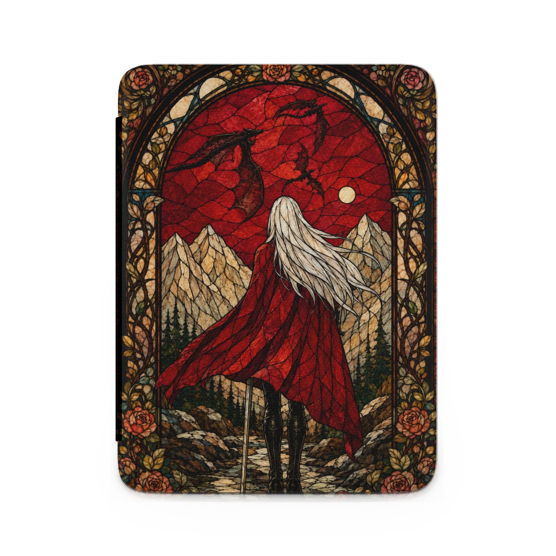 Stained glass design with woman in red cape facing dragons above mountains and moon.