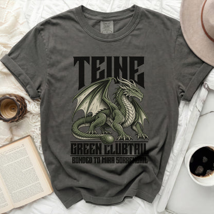 Grey t-shirt with a green dragon design and text "TEINE", "GREEN CLUBTAL", "BONDED TO MIRA SORRENGAL".