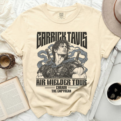 Garrick Tavis Air Wielder Tour shirt with sword-wielding graphic and tour names.