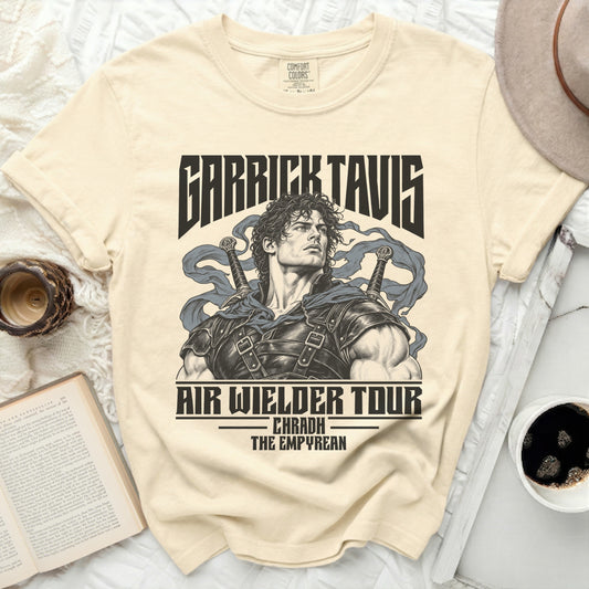 Garrick Tavis Air Wielder Tour shirt with sword-wielding graphic and tour names.