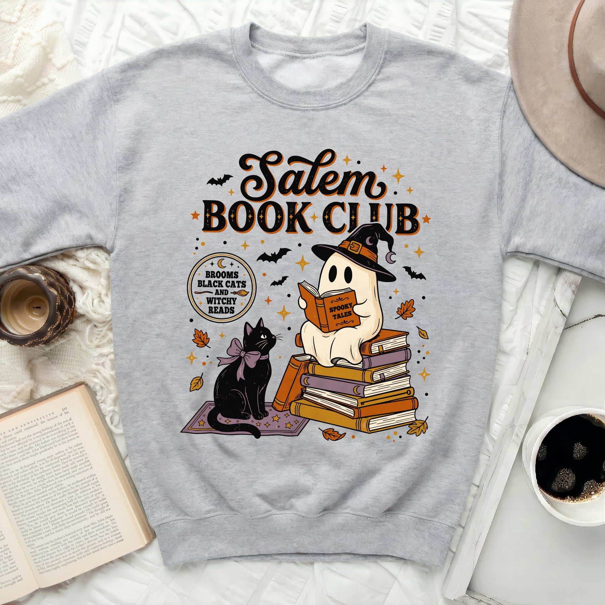 Salem Book Club ghost and black cat Halloween graphic on gray sweatshirt.