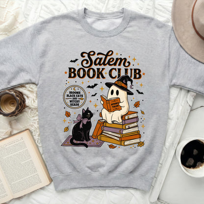 Salem Book Club ghost and black cat Halloween graphic on gray sweatshirt.