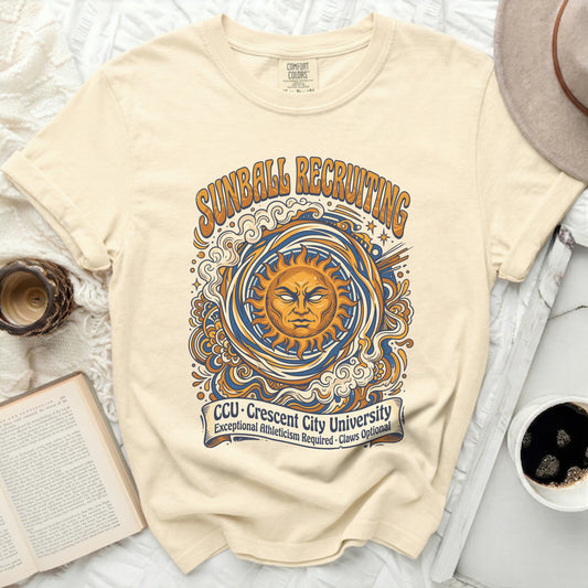 Cream t-shirt with sunburst and text "SUNBALL RECRUITING CCU Crescent City University".