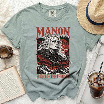 T-shirt with "Manon Blackbeak Flight of the Thirteen" dragon graphic.