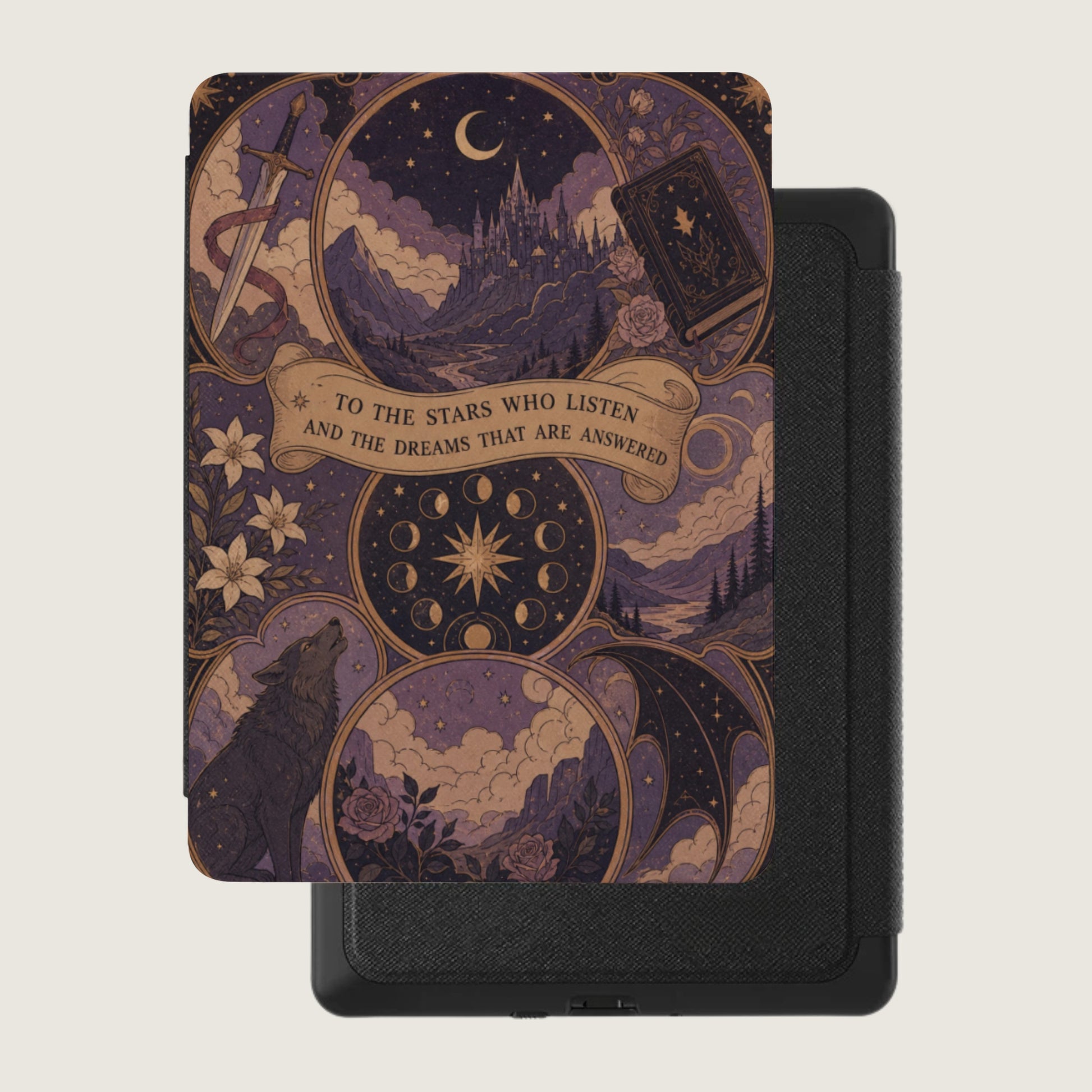 Device cover with starry night art: castle, wolf, book, sword, moon phases.
