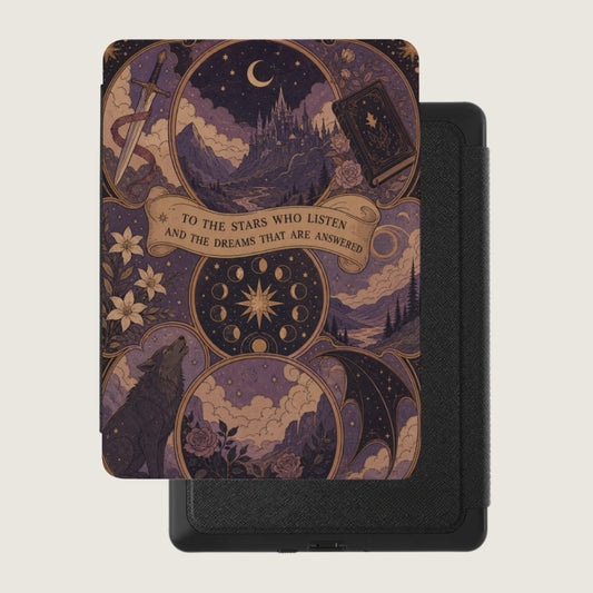 Device cover with starry night art: castle, wolf, book, sword, moon phases.