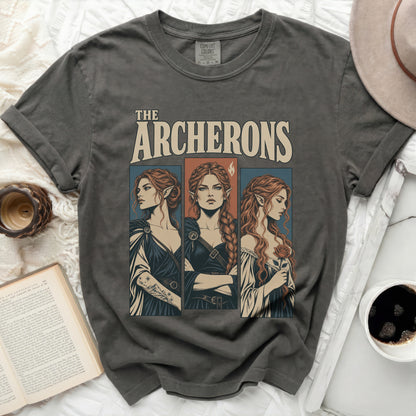 Grey t-shirt with "The Archerons" text and three elven women illustrations.