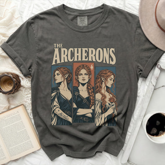 Grey t-shirt with "The Archerons" text and three elven women illustrations.