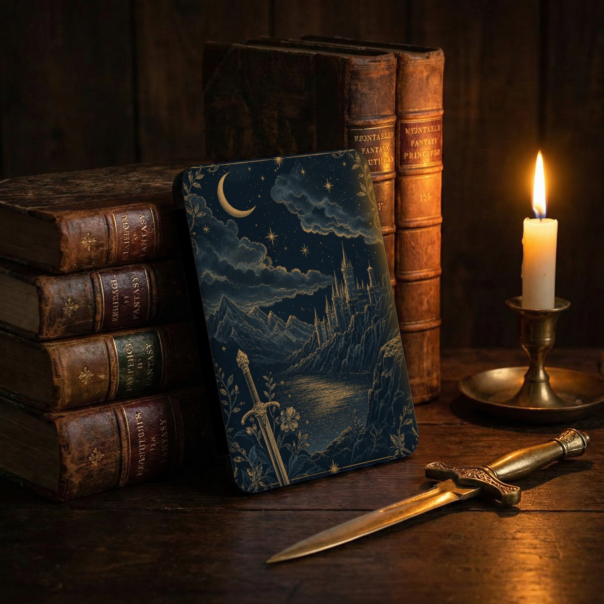 Dark blue fantasy illustration of a castle and sword on a dark wooden table.