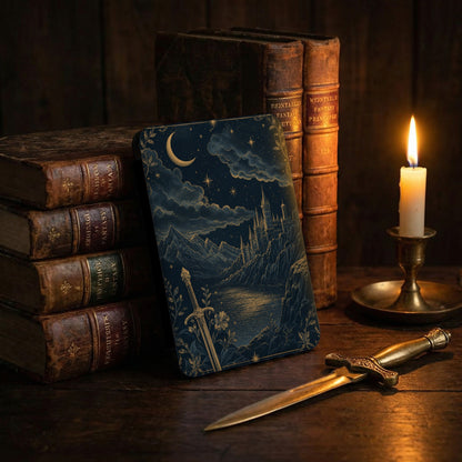 Dark blue fantasy illustration of a castle and sword on a dark wooden table.