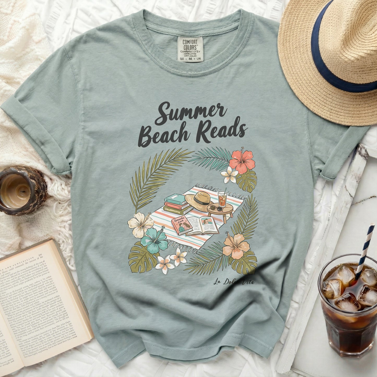 Comfort Colors t-shirt with "Summer Beach Reads" text and beach illustration.
