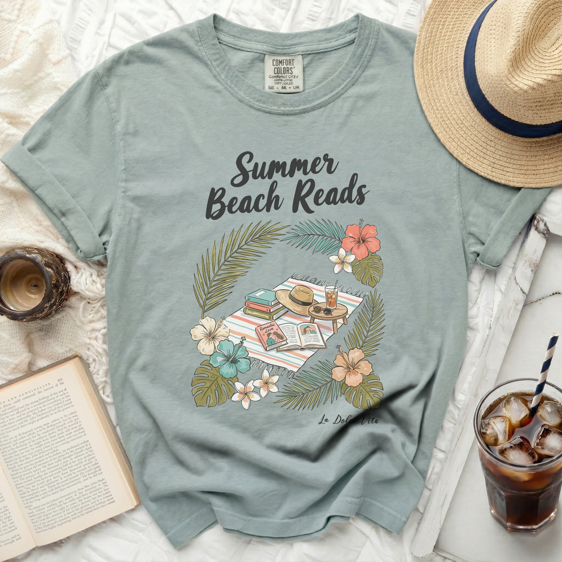 Comfort Colors t-shirt with "Summer Beach Reads" text and beach illustration.