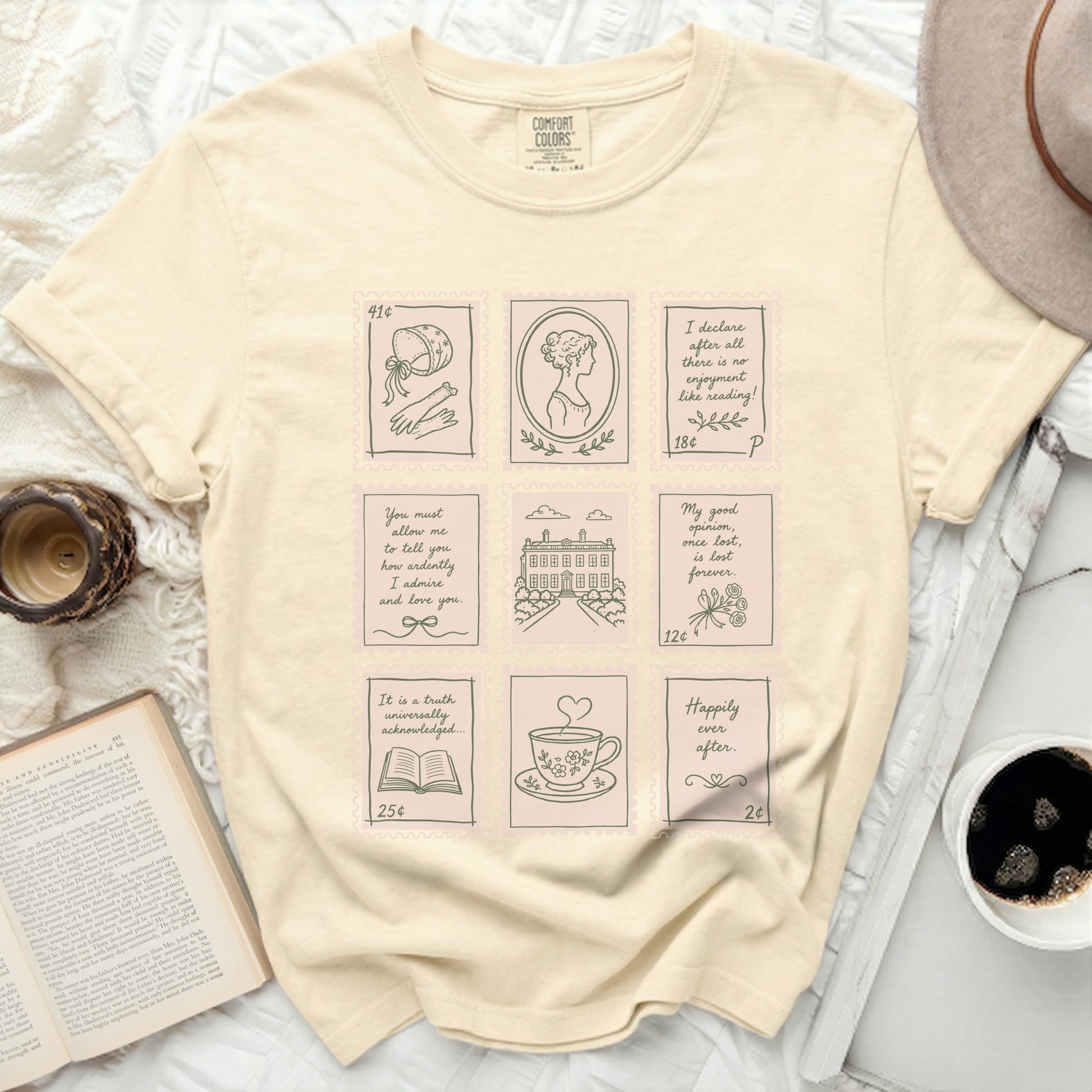 T-shirt with nine postage stamp designs featuring illustrations and text.