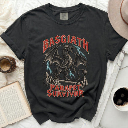 Black t-shirt with a dragon graphic and "Basgiath Parapet Survivor" text.