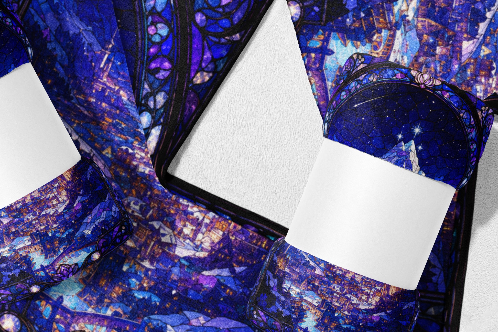 Deep blue starry night stained glass pattern on fabric with white space.