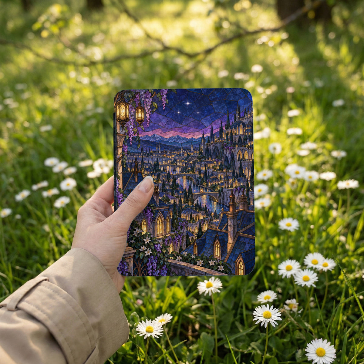Stained glass artwork of a fantasy city with castles, rivers, and glowing windows.