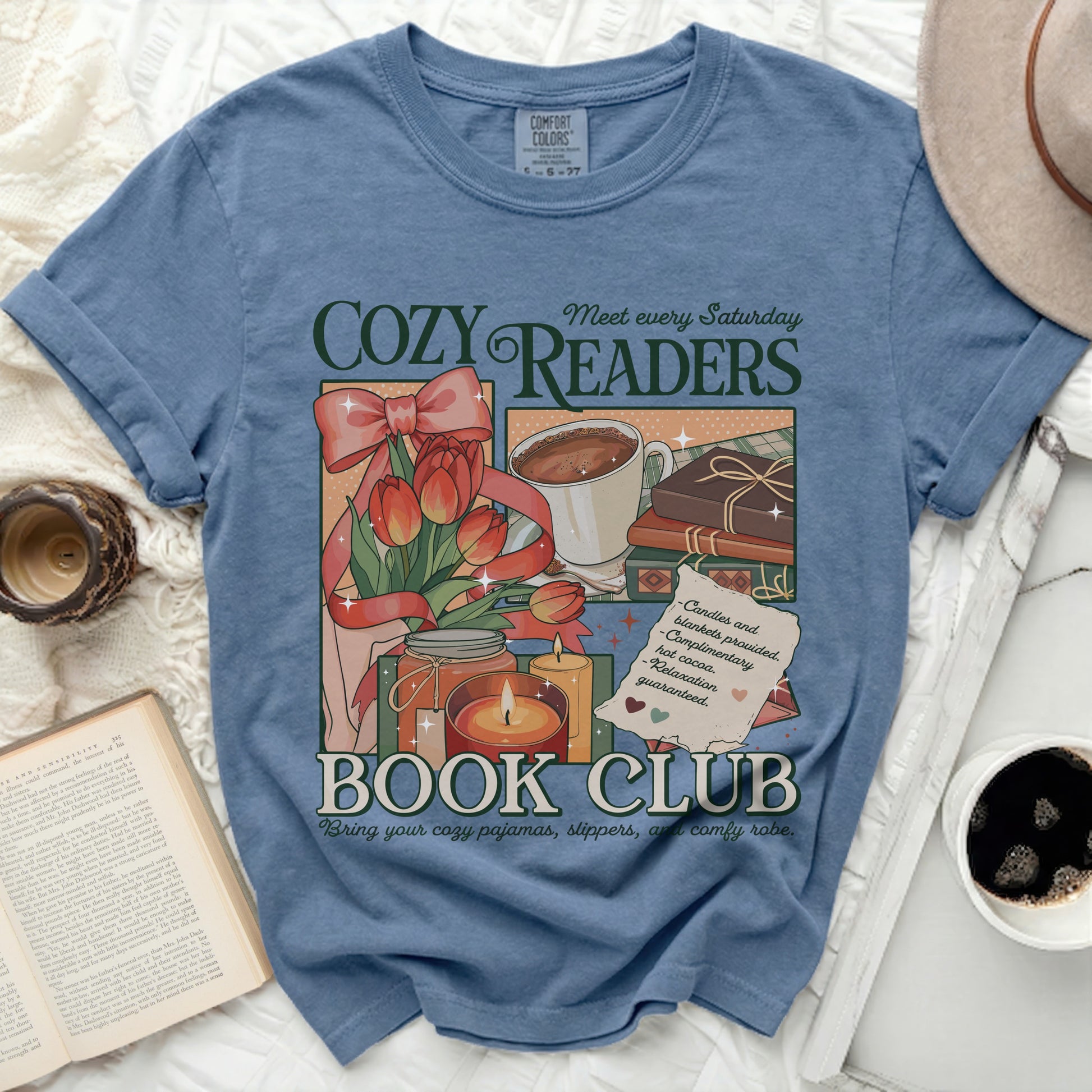 "Cozy Readers Book Club" graphic tee with tulips, hot cocoa, and candles.