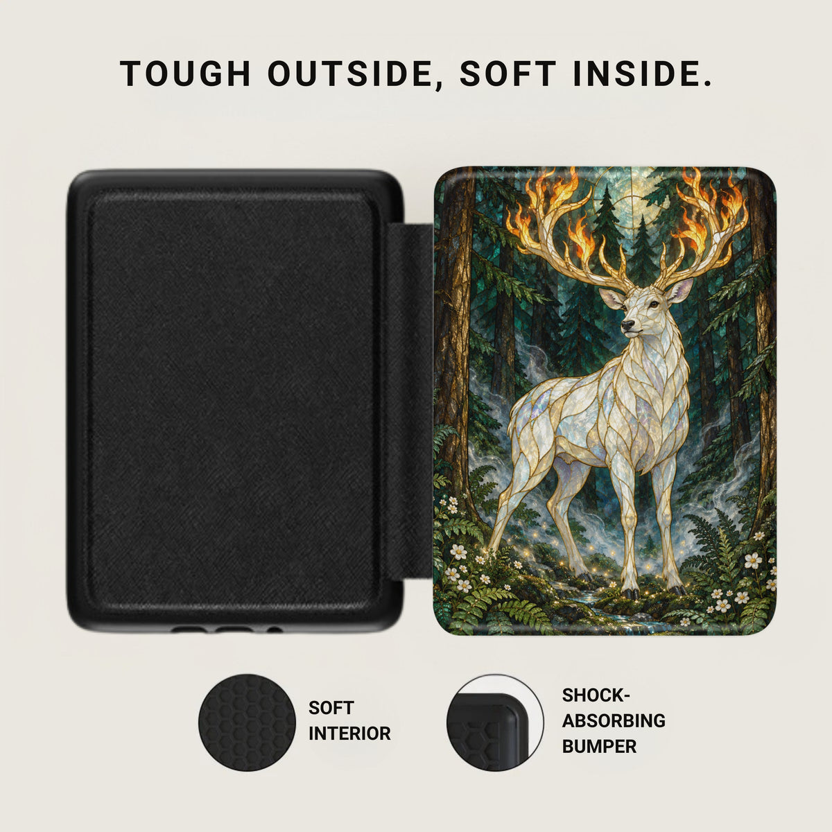 Case with black textured exterior and a white stag with fiery antlers illustration.