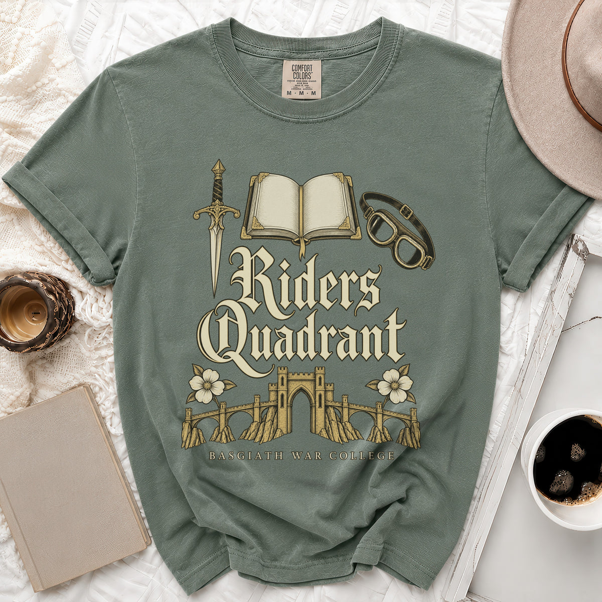 Green t-shirt with Riders Quadrant and Basgiath War College graphic, sword, book, and goggles.