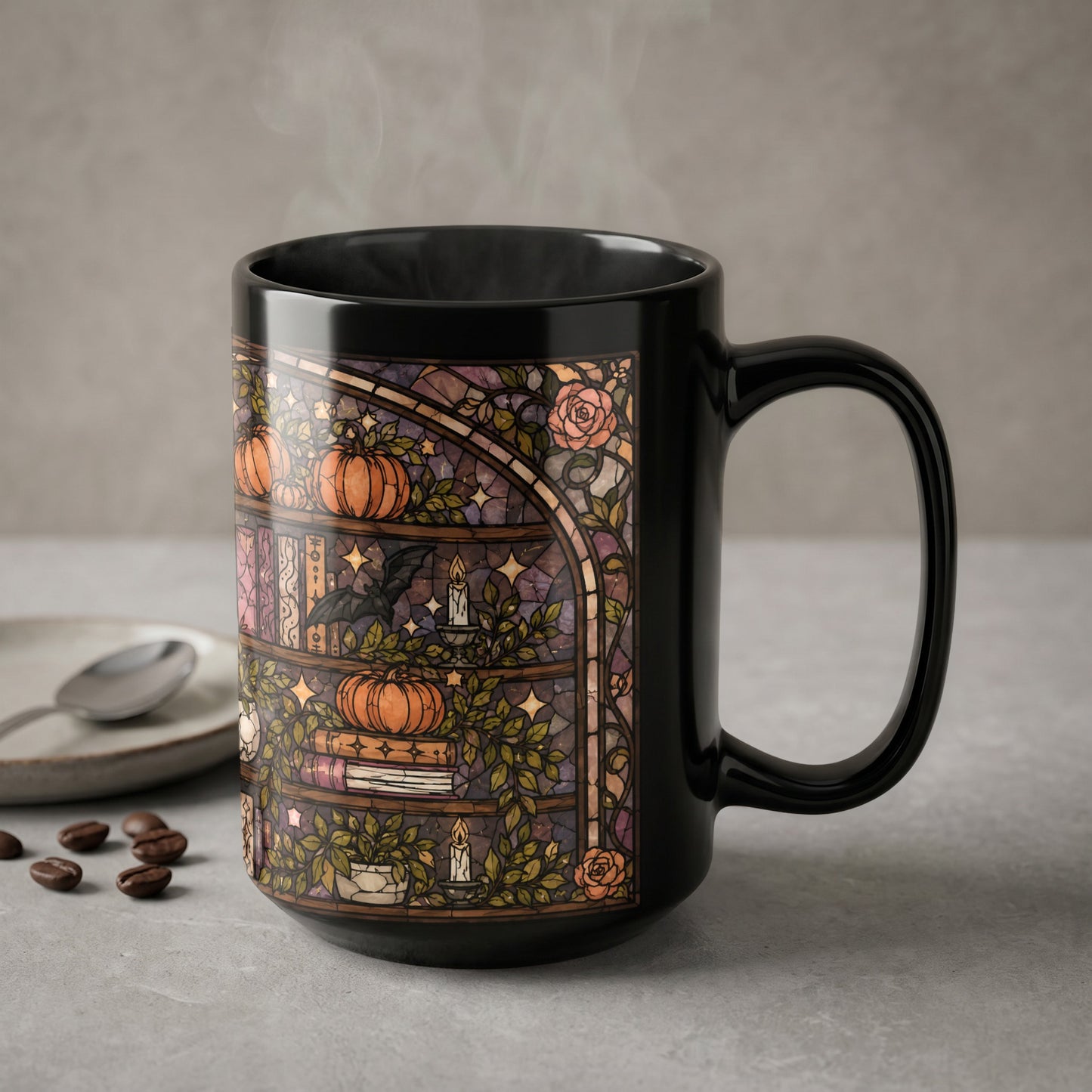 Black mug with stained glass art featuring pumpkins, books, and a bat.
