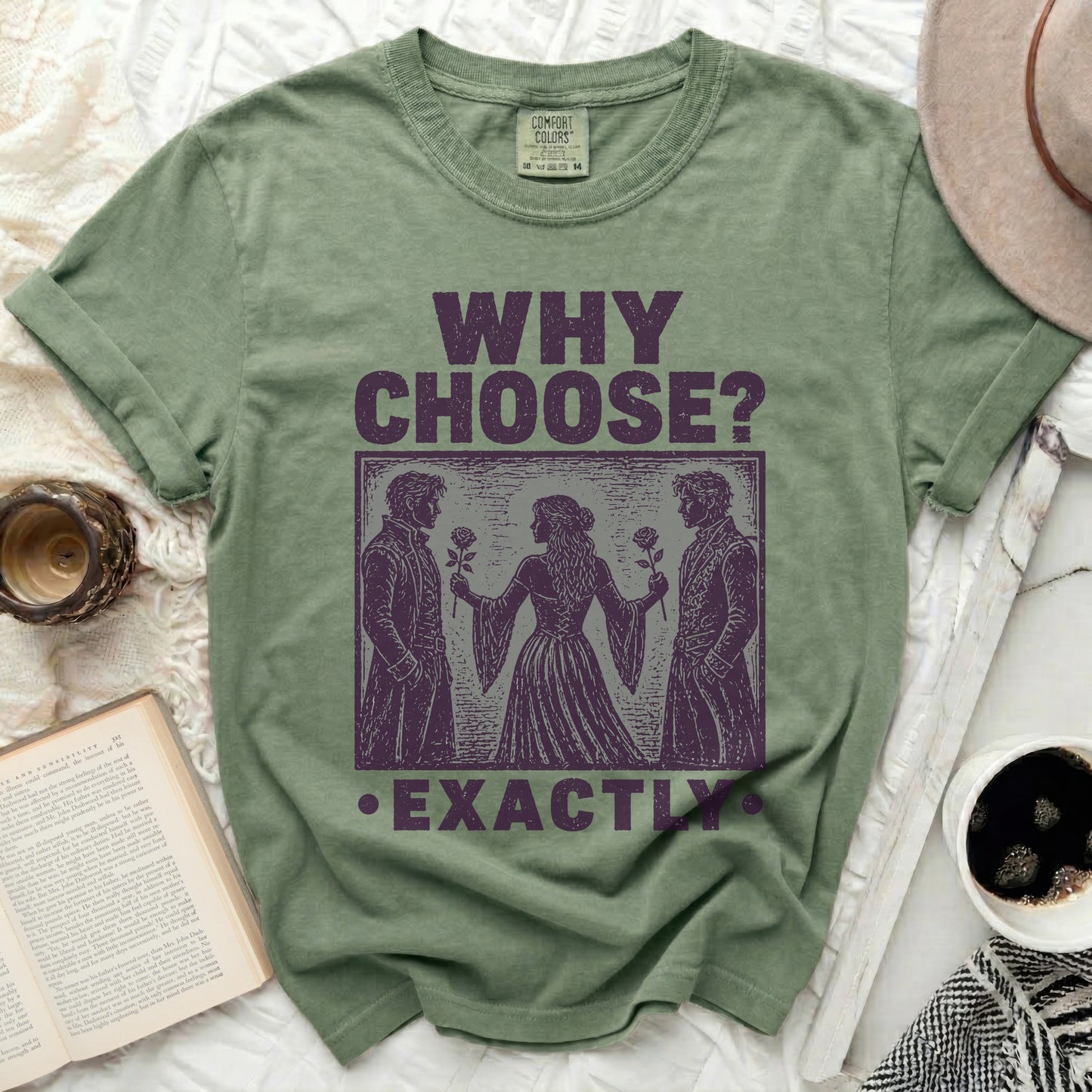 Green t-shirt with "WHY CHOOSE? EXACTLY" and silhouette figures.