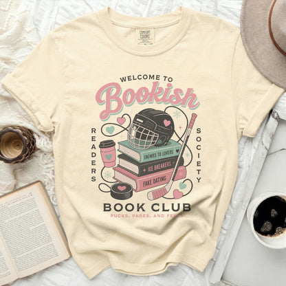 Bookish Readers Society t-shirt with hockey gear, books, and text.