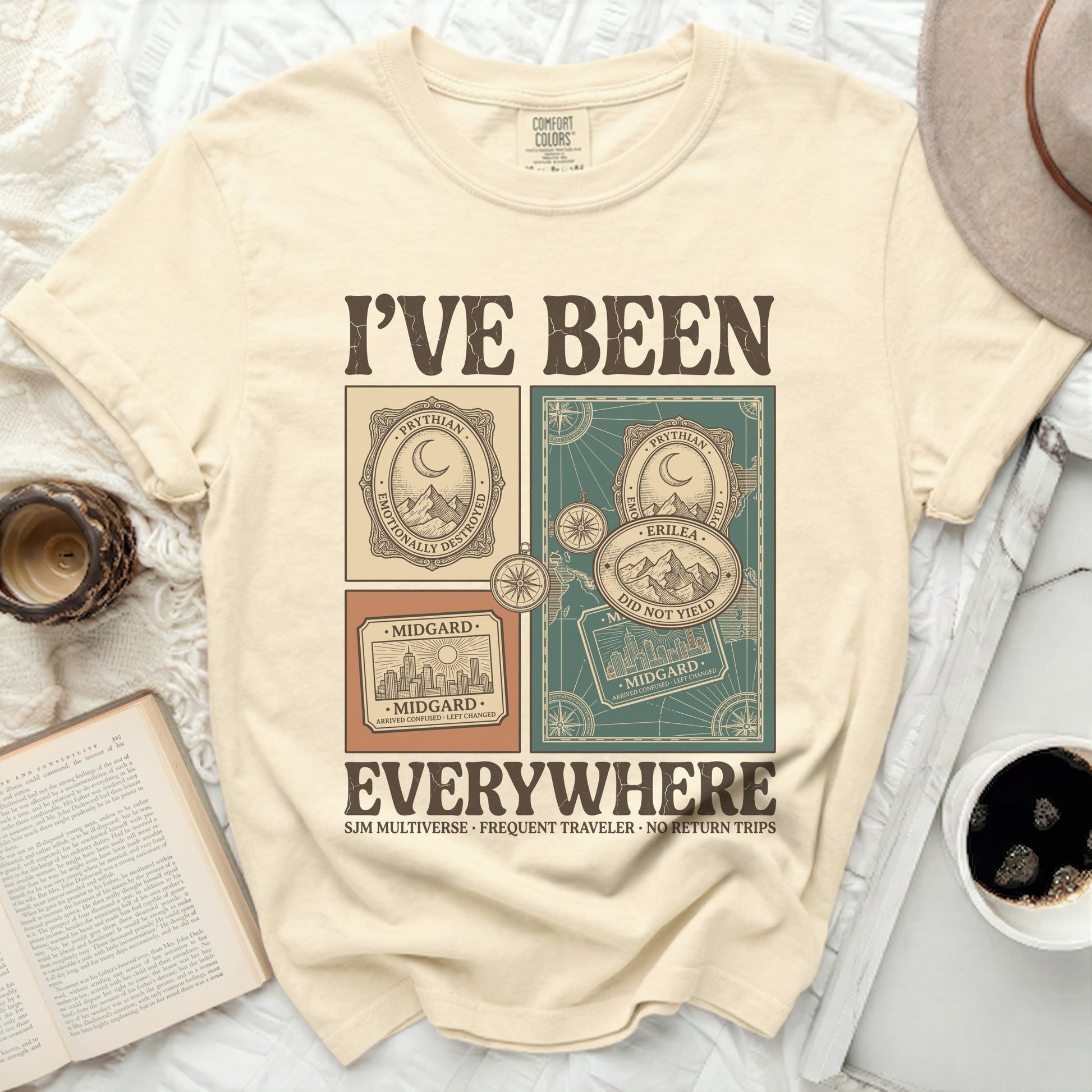 "I'VE BEEN EVERYWHERE" with travel stamps and text about the SJM Multiverse.
