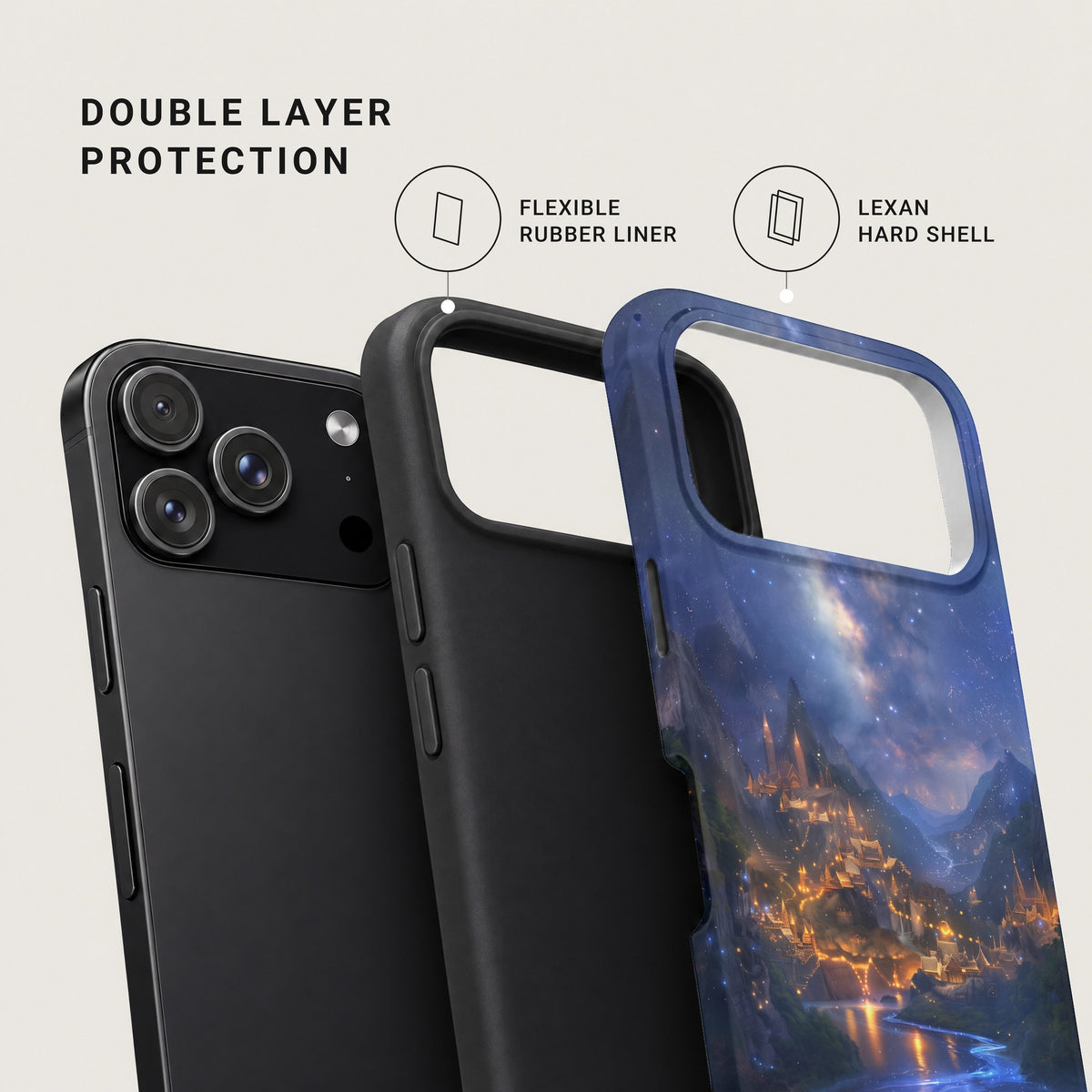 An exploded view of a phone case showing a flexible rubber liner and a printed hard shell.