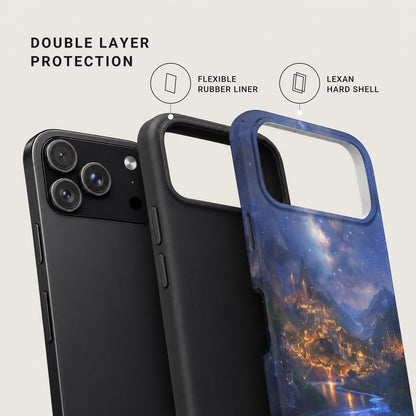 An exploded view of a phone case showing a flexible rubber liner and a printed hard shell.