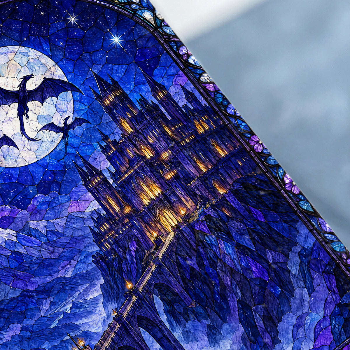 Stained glass panel depicting a grand castle at night with dragons flying past the moon.