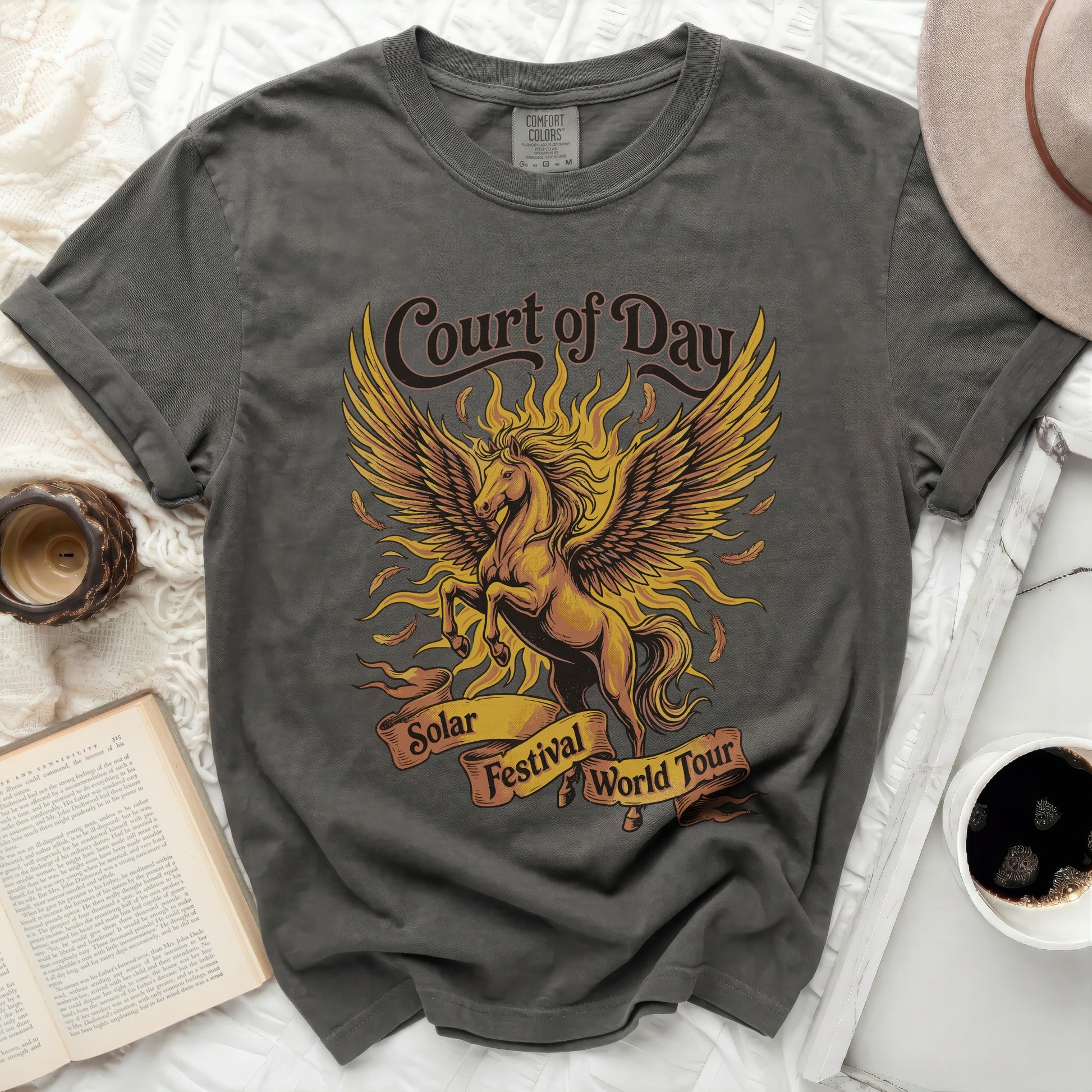 Gray t-shirt with winged horse and "Court of Day Solar Festival World Tour" text.