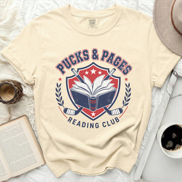 Pucks & Pages Reading Club Hockey Tee in Ivory