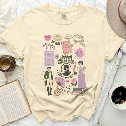 Cream t-shirt with Regency-era illustrations: Pride and Prejudice book, figures, and romantic motifs.