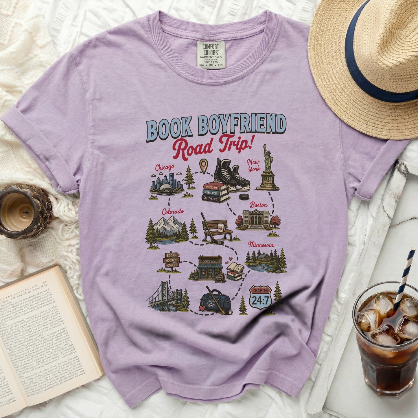 Comfort Colors "Book Boyfriend Road Trip" graphic t-shirt with city map icons.