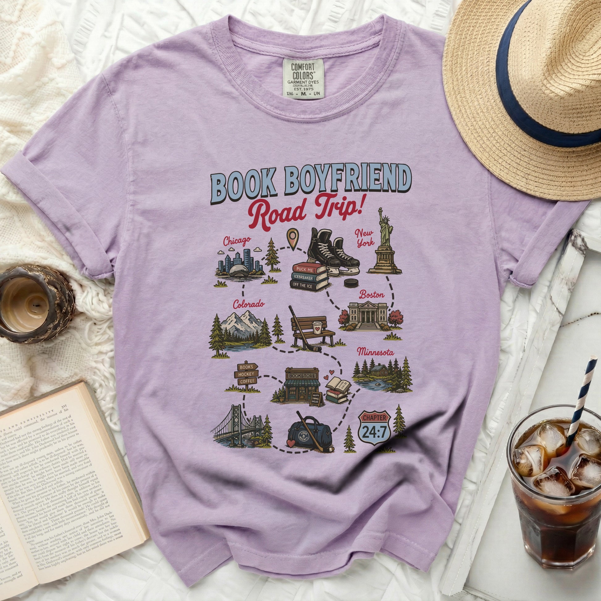 Comfort Colors "Book Boyfriend Road Trip" graphic t-shirt with city map icons.