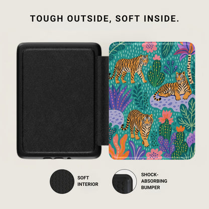 Black protective case with tiger and jungle pattern, "Tough Outside, Soft Inside" text.