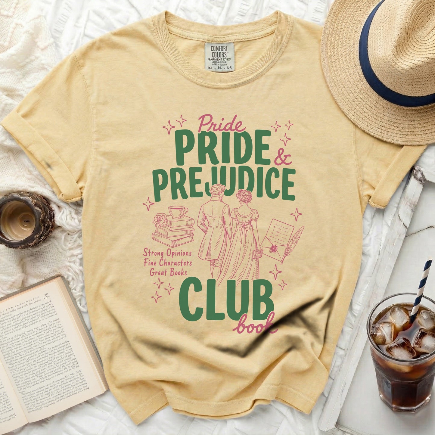 Pride and Prejudice Club book graphic on a yellow t-shirt.