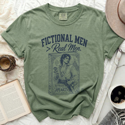 Green t-shirt with "Fictional Men" and a drawing of a man with a rose.