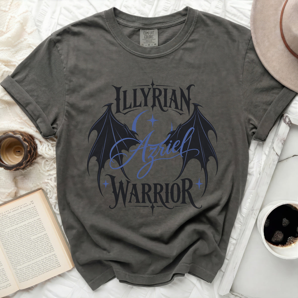 Dark grey t-shirt with "ILLYRIAN AZRIEL WARRIOR" text and wings graphic.