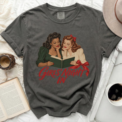 Charcoal t-shirt with retro illustration of two women reading, "Girls Night In" text.