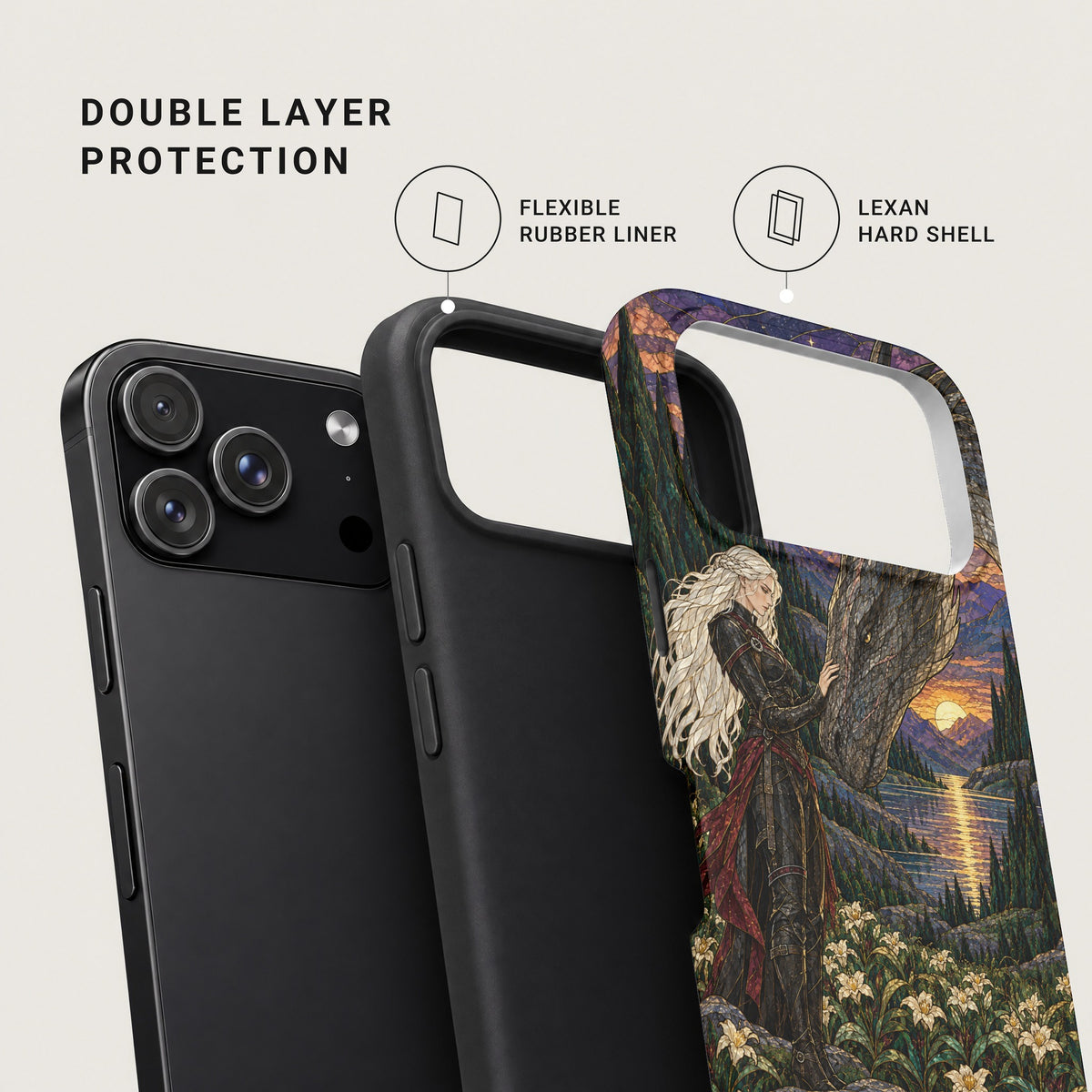 An exploded view of a phone case showing a flexible rubber liner and a Lexan hard shell.