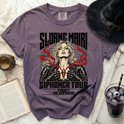 Purple t-shirt with Sloane Mairi Siphoner Tour graphics featuring a woman.